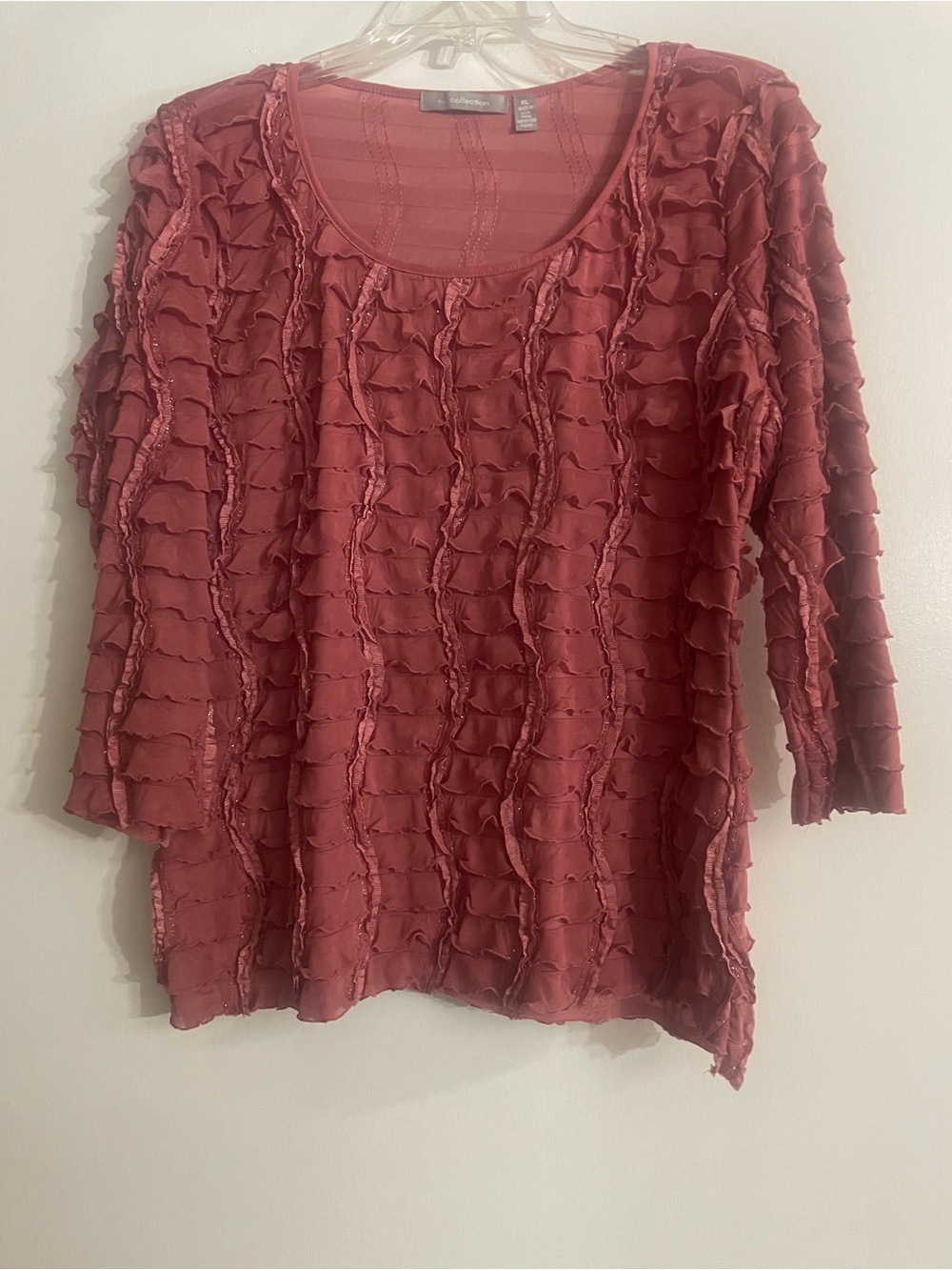 NY Collection Ruffled Scoop Neck Long Sleeve Top in Rose
